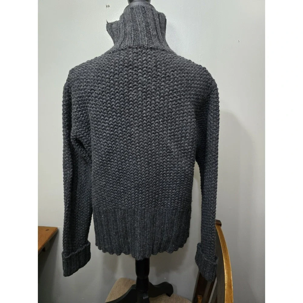 Charcoal Grey Chunky Knit Full Zip Cardigan Sweater High Neck Ribbed Trim S